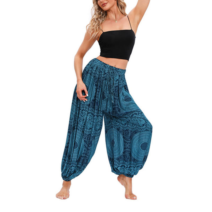 Spodnie haremowe z okrągłym wzorem róż Buddha Stones Casual Loose Round Rose Pattern dla kobiet