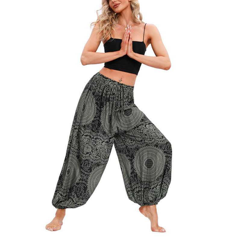 Spodnie haremowe z okrągłym wzorem róż Buddha Stones Casual Loose Round Rose Pattern dla kobiet