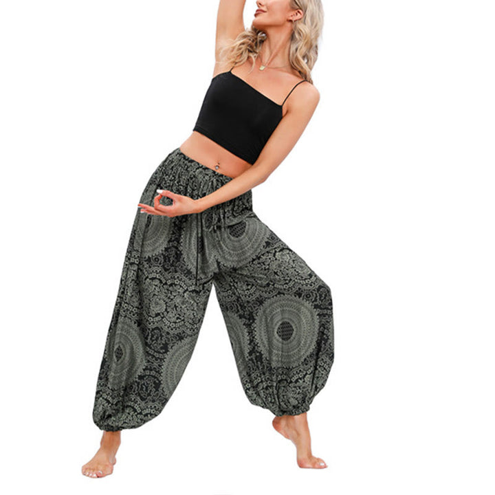Spodnie haremowe z okrągłym wzorem róż Buddha Stones Casual Loose Round Rose Pattern dla kobiet