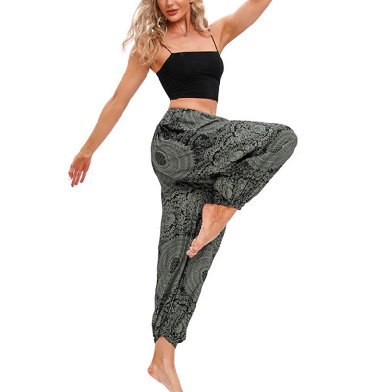 Spodnie haremowe z okrągłym wzorem róż Buddha Stones Casual Loose Round Rose Pattern dla kobiet