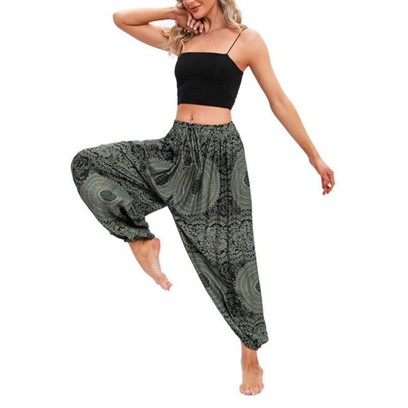 Spodnie haremowe z okrągłym wzorem róż Buddha Stones Casual Loose Round Rose Pattern dla kobiet
