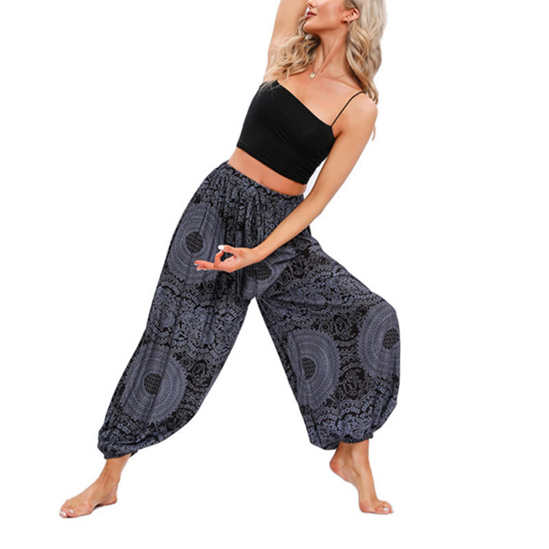 Spodnie haremowe z okrągłym wzorem róż Buddha Stones Casual Loose Round Rose Pattern dla kobiet
