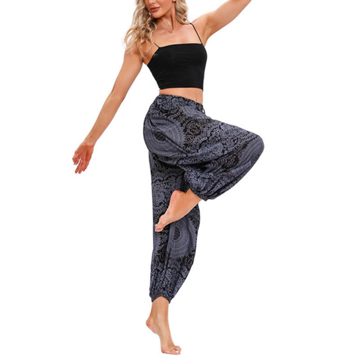 Spodnie haremowe z okrągłym wzorem róż Buddha Stones Casual Loose Round Rose Pattern dla kobiet