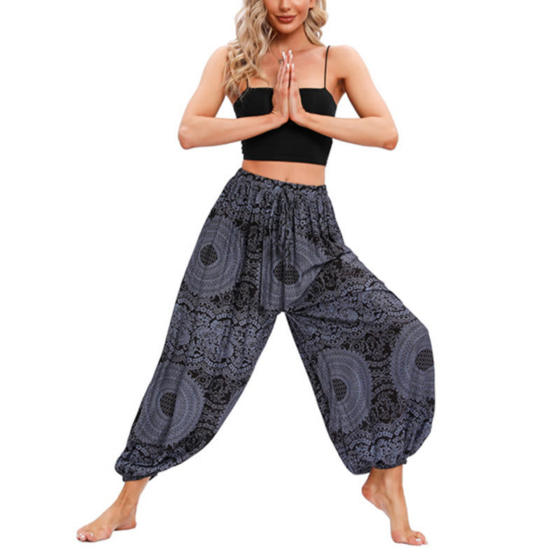 Spodnie haremowe z okrągłym wzorem róż Buddha Stones Casual Loose Round Rose Pattern dla kobiet