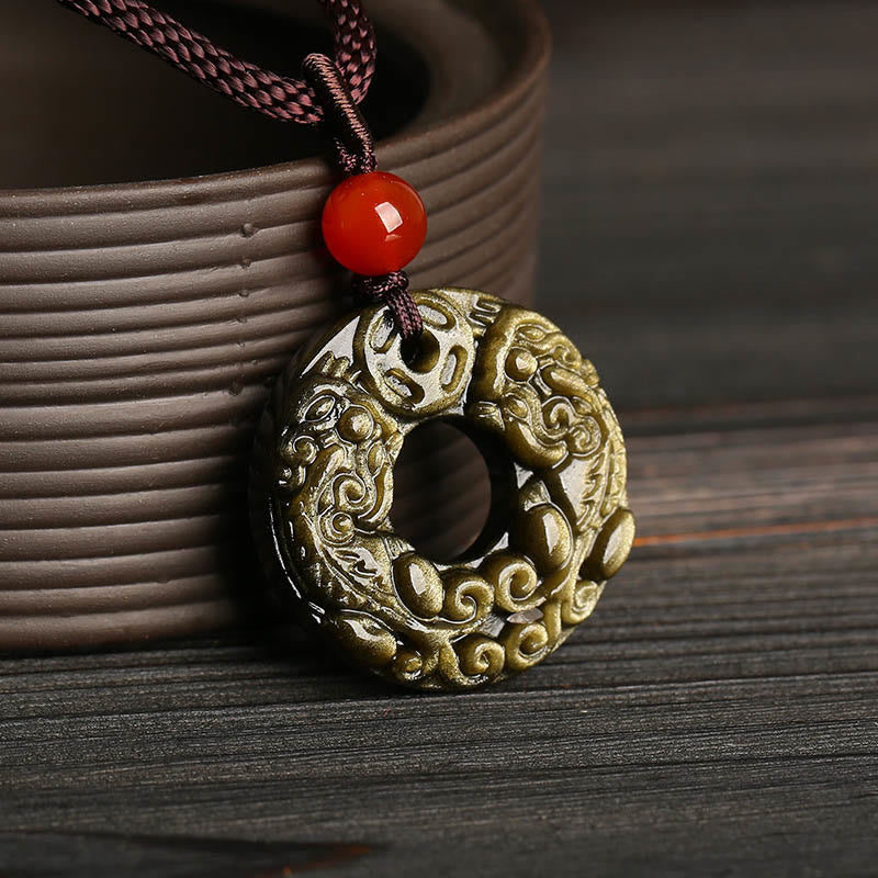 Buddha Stones Złoty połysk Obsydian Klamra Pokoju PiXiu Miedziana Moneta Bogactwo Naszyjnik Wisiorek
