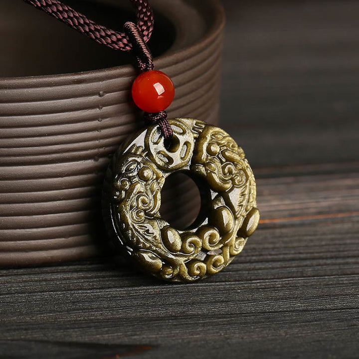 Buddha Stones Złoty połysk Obsydian Klamra Pokoju PiXiu Miedziana Moneta Bogactwo Naszyjnik Wisiorek