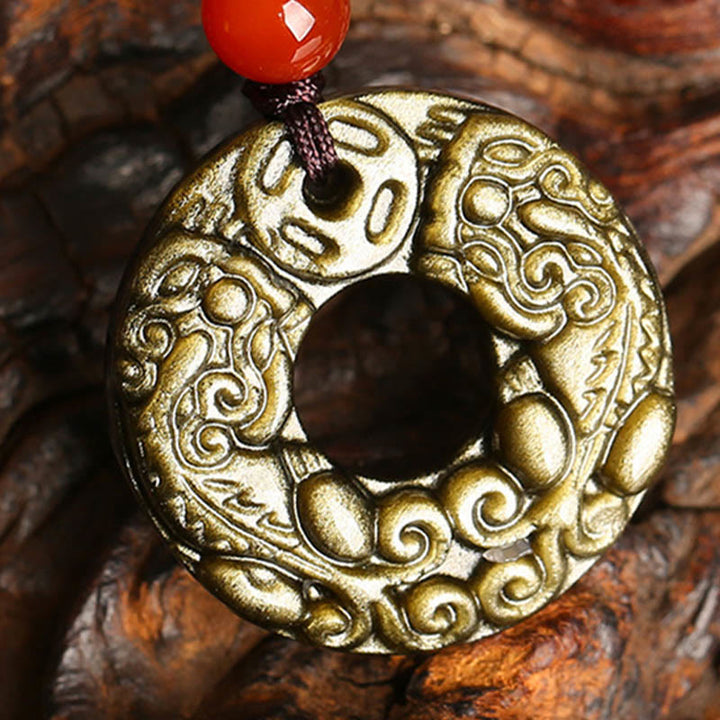 Buddha Stones Złoty połysk Obsydian Klamra Pokoju PiXiu Miedziana Moneta Bogactwo Naszyjnik Wisiorek
