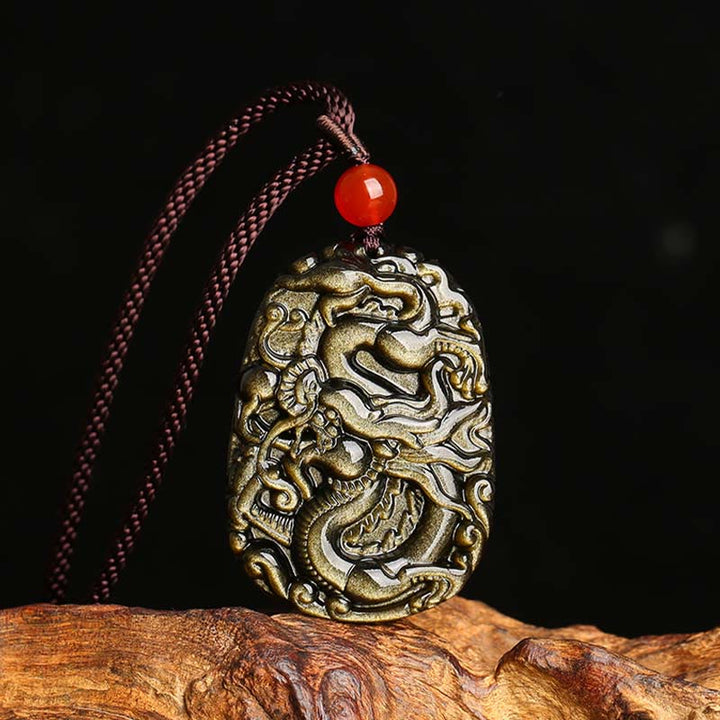 Buddha Stones Złoty połysk Obsydian Wzór Smoka Naszyjnik Sukces Wisiorek - Złoty połysk obsydianu - image 1