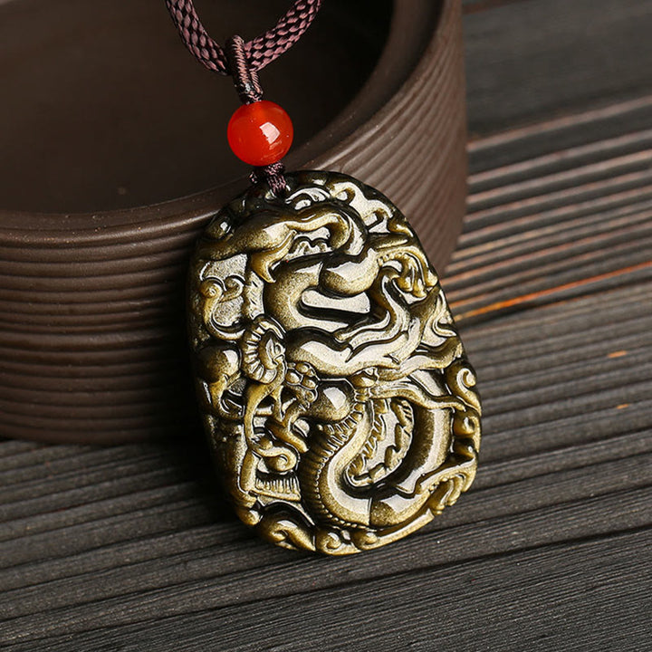 Buddha Stones Złoty połysk Obsydian Wzór Smoka Naszyjnik Sukces Wisiorek - image 2