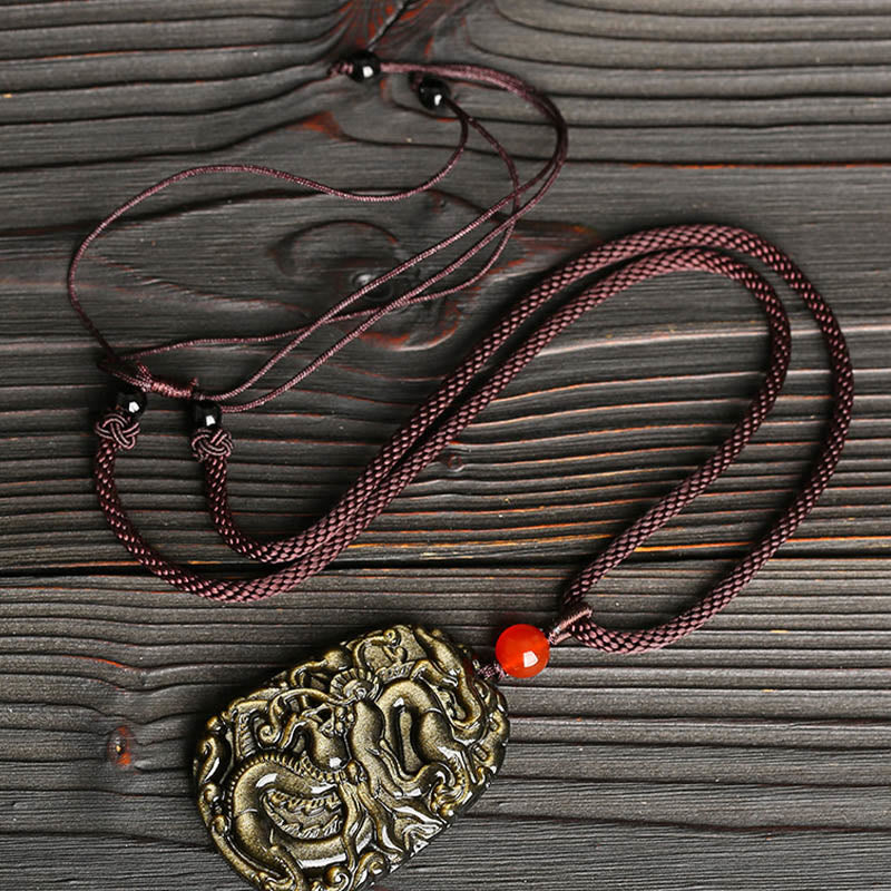 Buddha Stones Złoty połysk Obsydian Wzór Smoka Naszyjnik Sukces Wisiorek - image 3