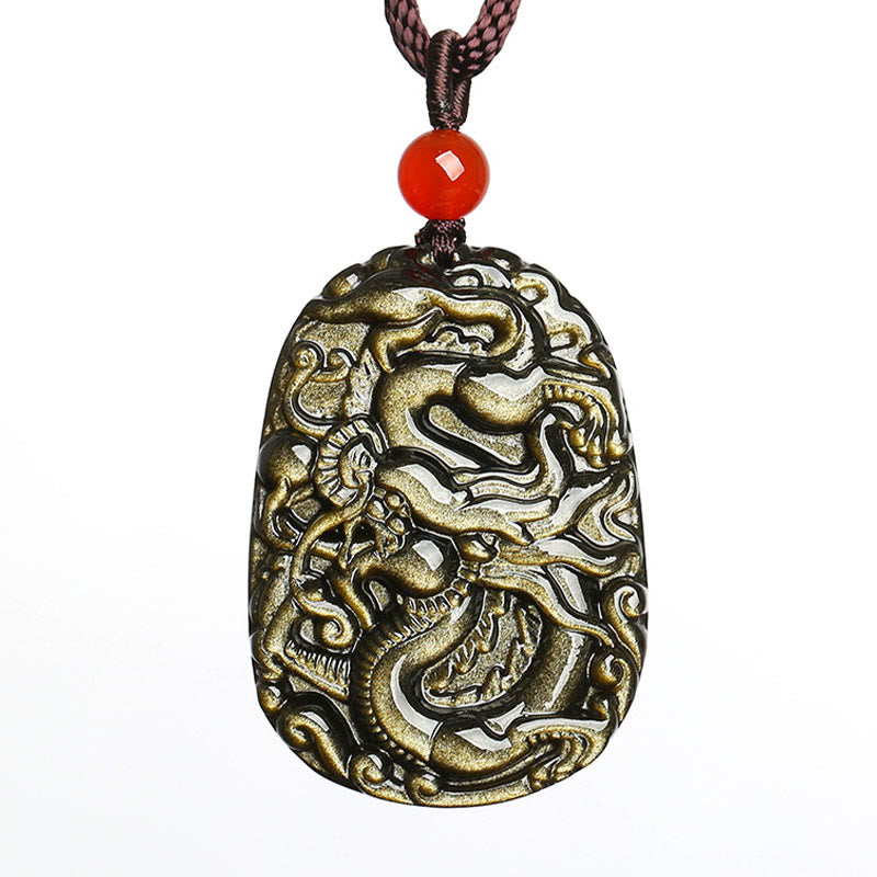 Buddha Stones Złoty połysk Obsydian Wzór Smoka Naszyjnik Sukces Wisiorek - image 6