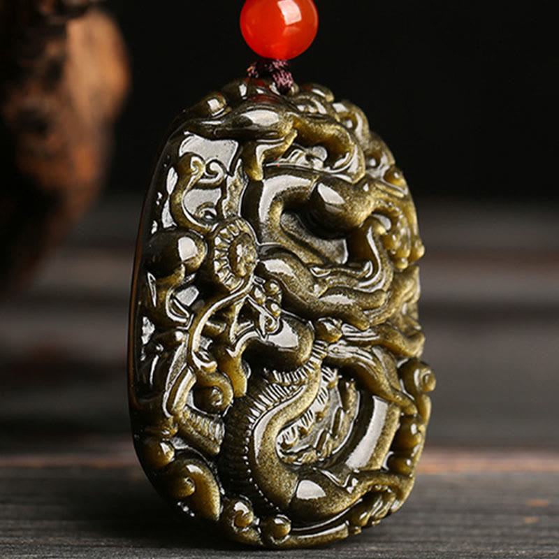 Buddha Stones Złoty połysk Obsydian Wzór Smoka Naszyjnik Sukces Wisiorek - image 4
