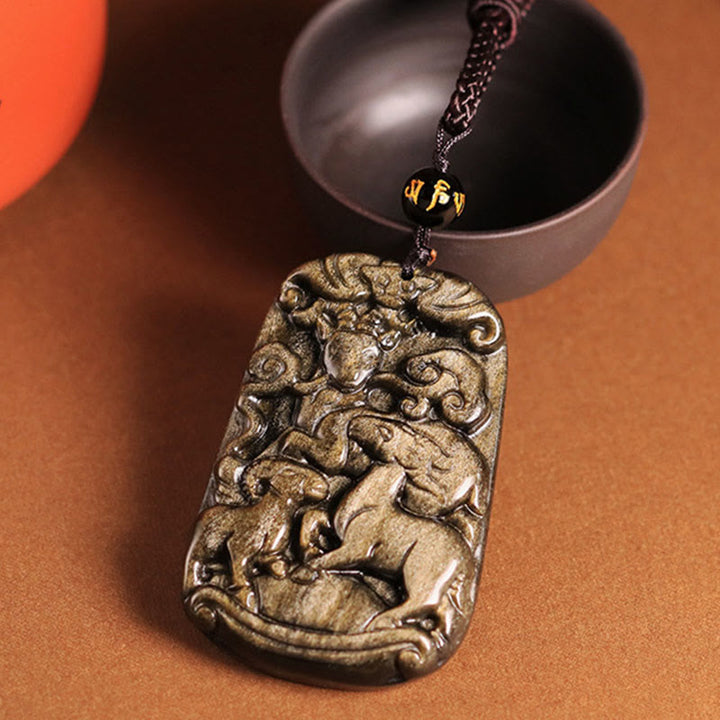 Buddha Stones Złoty Połysk Obsydian Trzy Kozy Przynoszą Szczęście Wzór Bogactwa Naszyjnik Wisiorek