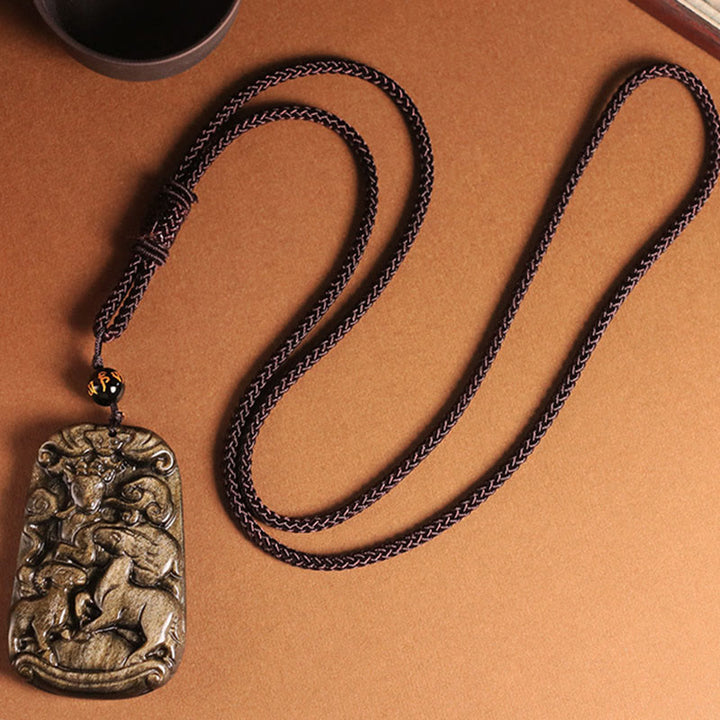 Buddha Stones Złoty Połysk Obsydian Trzy Kozy Przynoszą Szczęście Wzór Bogactwa Naszyjnik Wisiorek