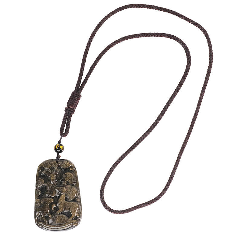 Buddha Stones Złoty Połysk Obsydian Trzy Kozy Przynoszą Szczęście Wzór Bogactwa Naszyjnik Wisiorek