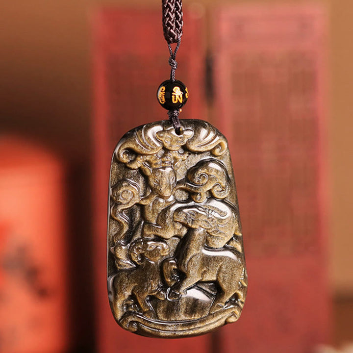 Buddha Stones Złoty Połysk Obsydian Trzy Kozy Przynoszą Szczęście Wzór Bogactwa Naszyjnik Wisiorek