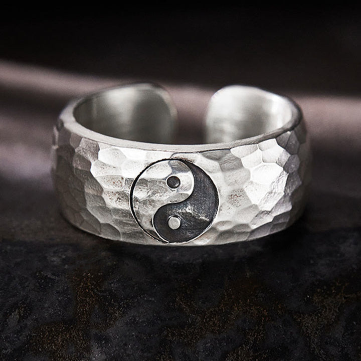 Buddha Stones Ręcznie robione 999 Srebro Sterlingowe Yin Yang Bagua Symbol Harmonii Regulowany Pierścień