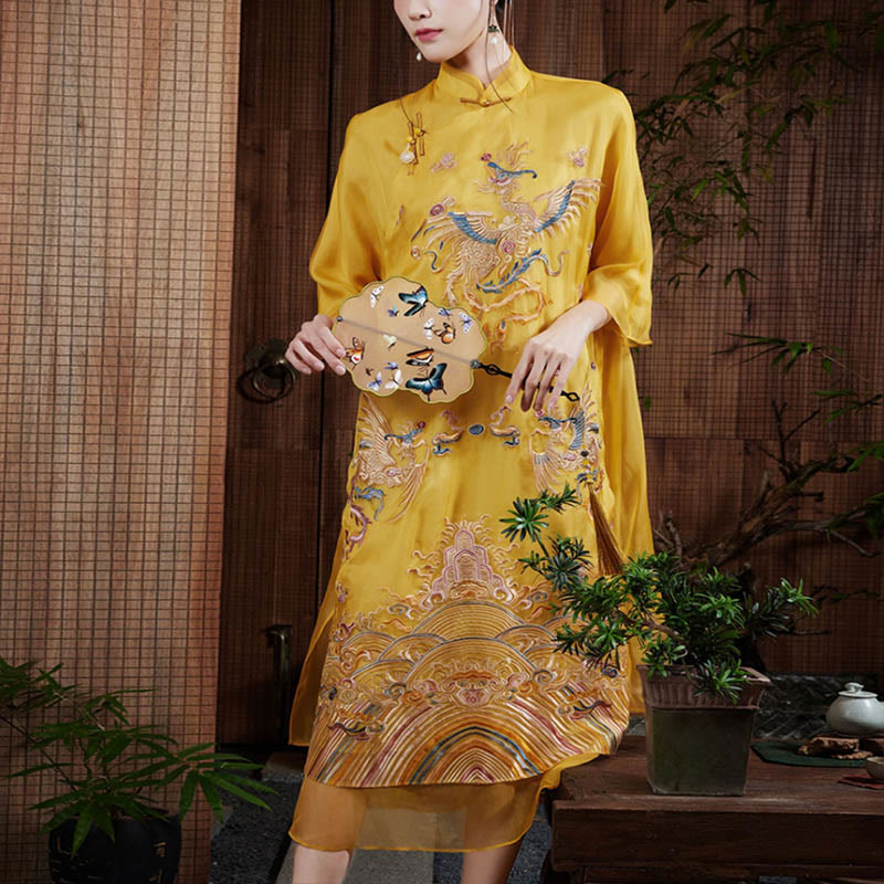 Suknia z organzy z jedwabiu morwowego Buddha Stones 100% Haftowana żółta sukienka Qipao Cheongsam z motywem feniksa