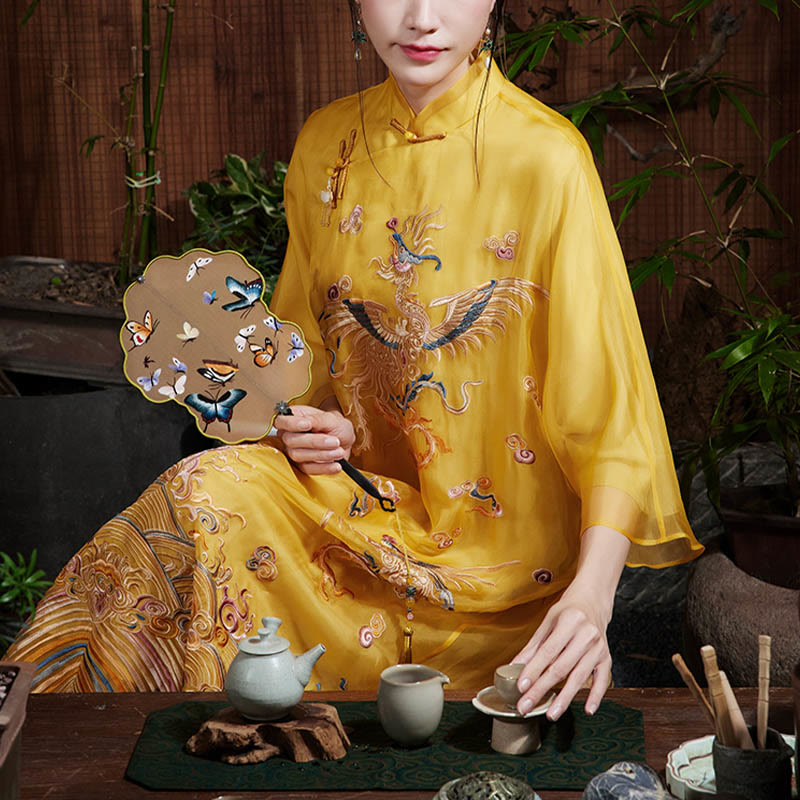 Suknia z organzy z jedwabiu morwowego Buddha Stones 100% Haftowana żółta sukienka Qipao Cheongsam z motywem feniksa