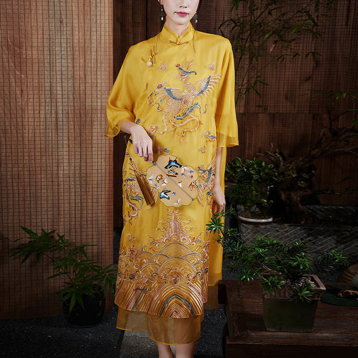 Suknia z organzy z jedwabiu morwowego Buddha Stones 100% Haftowana żółta sukienka Qipao Cheongsam z motywem feniksa