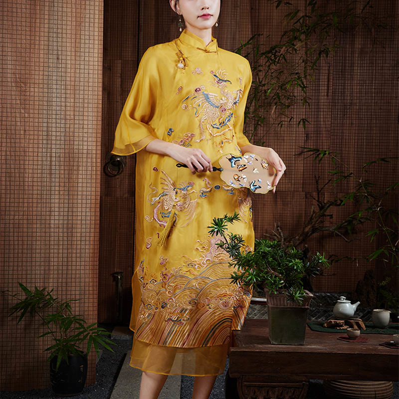Suknia z organzy z jedwabiu morwowego Buddha Stones 100% Haftowana żółta sukienka Qipao Cheongsam z motywem feniksa - image 5