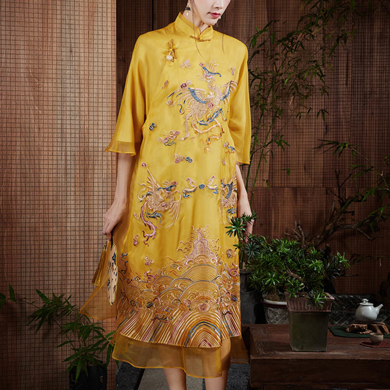 Suknia z organzy z jedwabiu morwowego Buddha Stones 100% Haftowana żółta sukienka Qipao Cheongsam z motywem feniksa