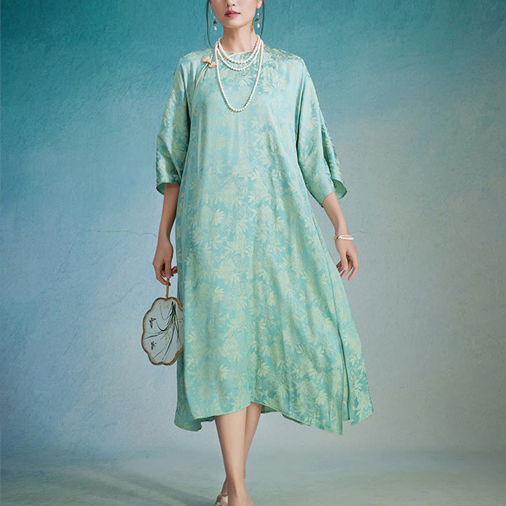 Buddha Stones Mały Kwiat Liść Żakard Chiński Cheongsam Qipao Midi Sukienka Z Kieszeniami