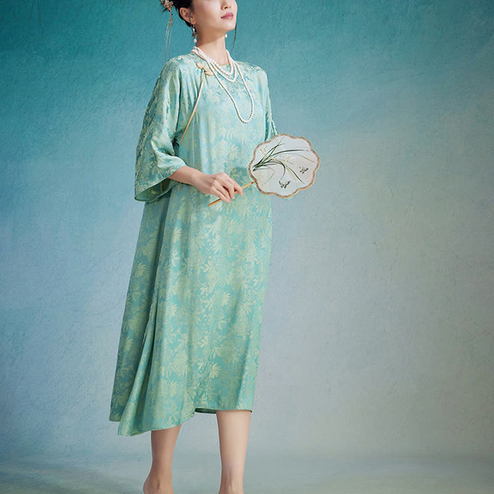 Buddha Stones Mały Kwiat Liść Żakard Chiński Cheongsam Qipao Midi Sukienka Z Kieszeniami