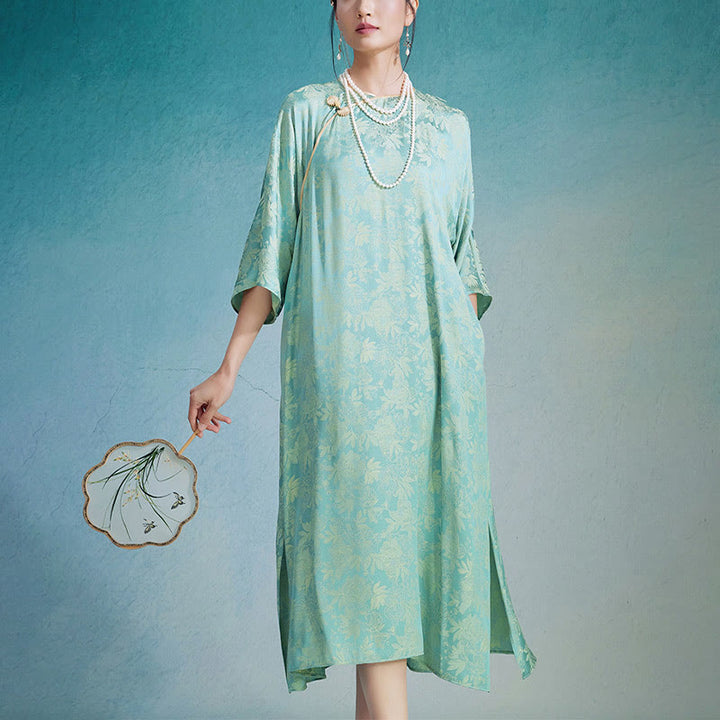Buddha Stones Mały Kwiat Liść Żakard Chiński Cheongsam Qipao Midi Sukienka Z Kieszeniami