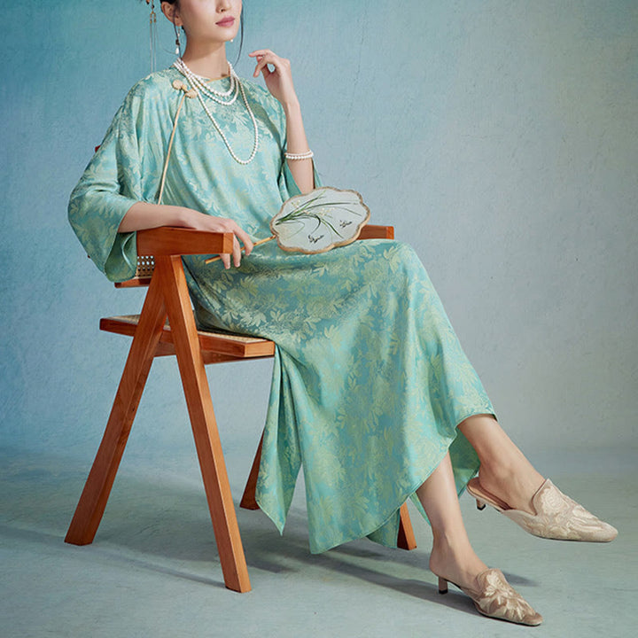 Buddha Stones Mały Kwiat Liść Żakard Chiński Cheongsam Qipao Midi Sukienka Z Kieszeniami