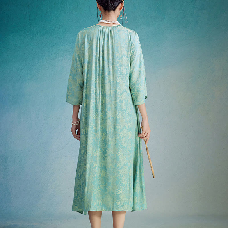 Buddha Stones Mały Kwiat Liść Żakard Chiński Cheongsam Qipao Midi Sukienka Z Kieszeniami