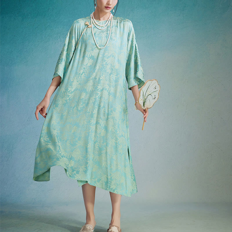 Buddha Stones Mały Kwiat Liść Żakard Chiński Cheongsam Qipao Midi Sukienka Z Kieszeniami - image 4