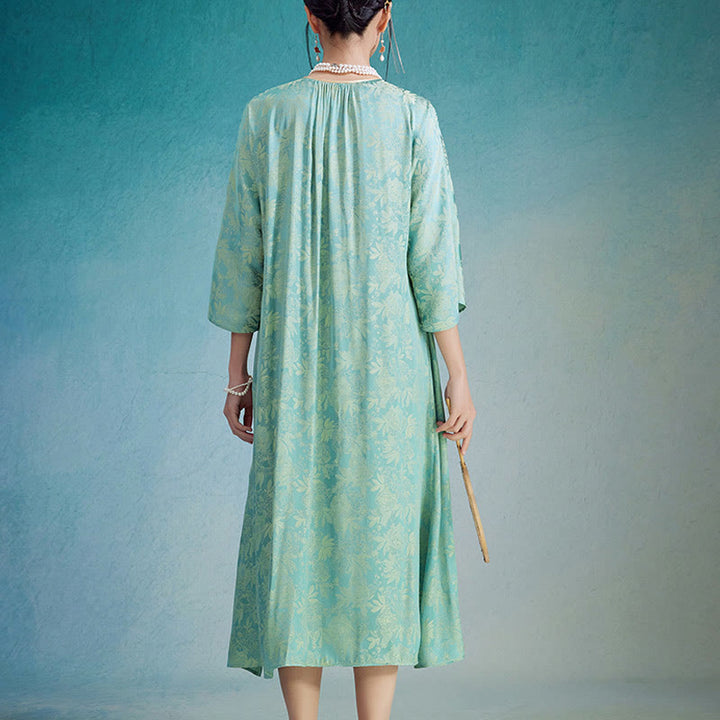 Buddha Stones Mały Kwiat Liść Żakard Chiński Cheongsam Qipao Midi Sukienka Z Kieszeniami - image 2