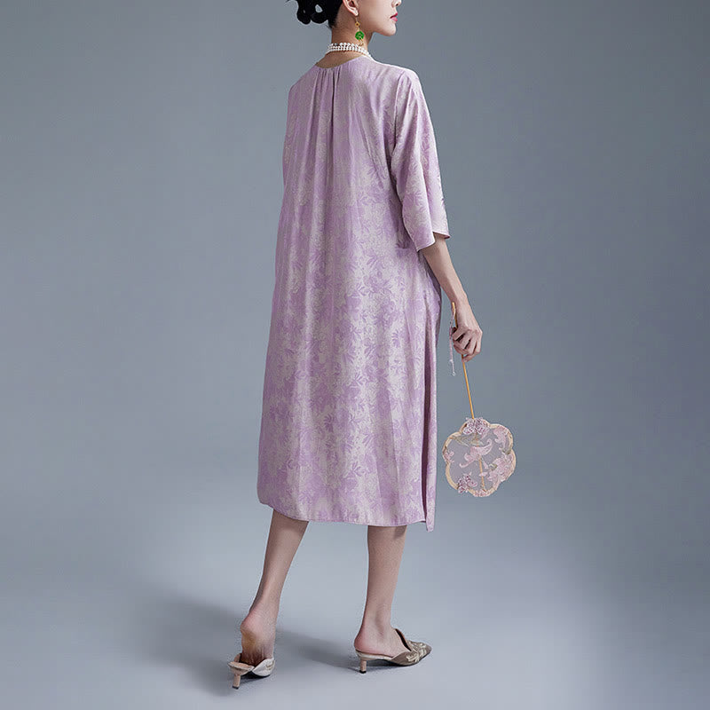 Buddha Stones Mały Kwiat Liść Żakard Chiński Cheongsam Qipao Midi Sukienka Z Kieszeniami