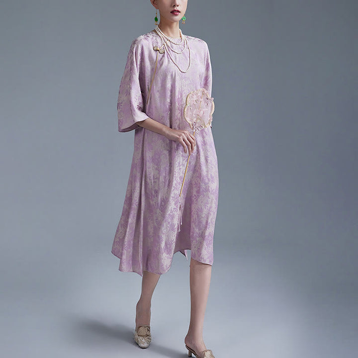 Buddha Stones Mały Kwiat Liść Żakard Chiński Cheongsam Qipao Midi Sukienka Z Kieszeniami