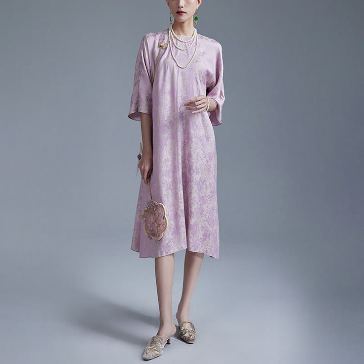 Buddha Stones Mały Kwiat Liść Żakard Chiński Cheongsam Qipao Midi Sukienka Z Kieszeniami