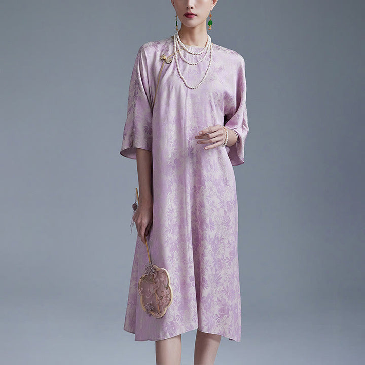 Buddha Stones Mały Kwiat Liść Żakard Chiński Cheongsam Qipao Midi Sukienka Z Kieszeniami - Fioletowy - US12, UK/AU16, EU44 (XL) - image 6