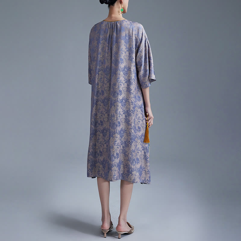 Buddha Stones Mały Kwiat Liść Żakard Chiński Cheongsam Qipao Midi Sukienka Z Kieszeniami