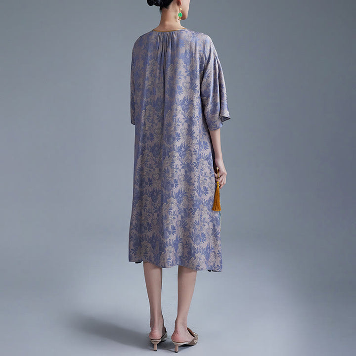 Buddha Stones Mały Kwiat Liść Żakard Chiński Cheongsam Qipao Midi Sukienka Z Kieszeniami