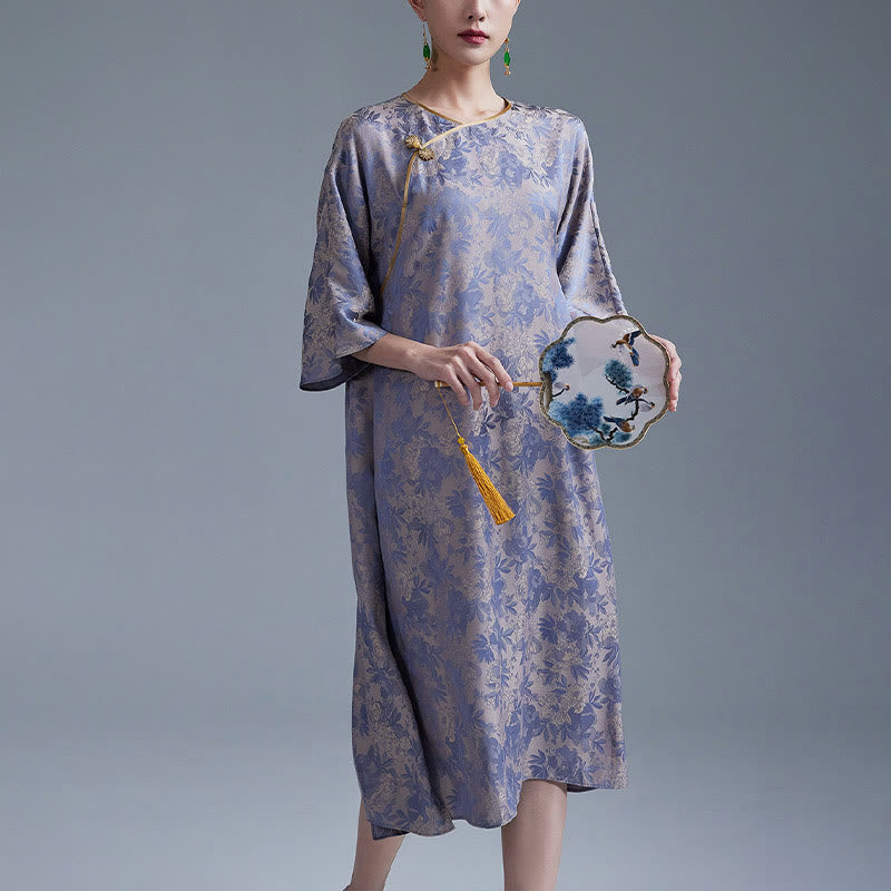 Buddha Stones Mały Kwiat Liść Żakard Chiński Cheongsam Qipao Midi Sukienka Z Kieszeniami