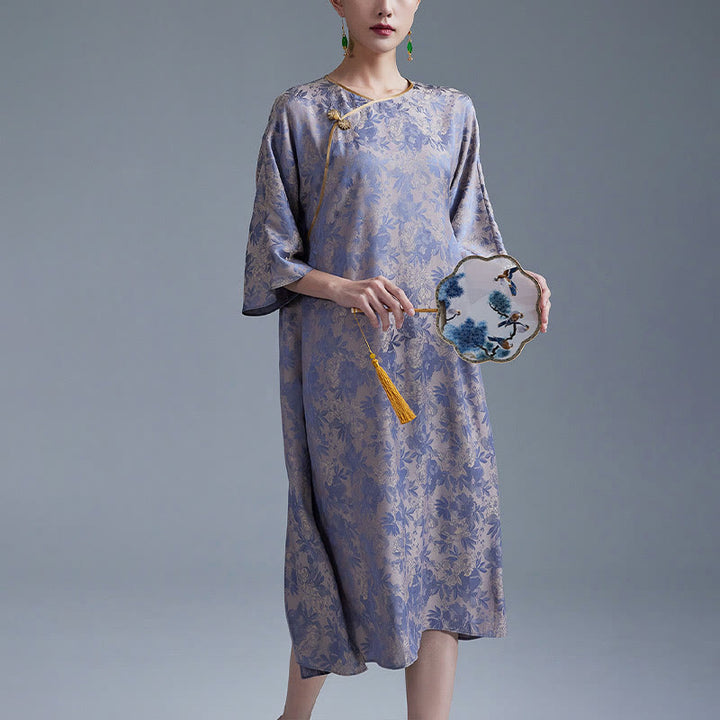 Buddha Stones Mały Kwiat Liść Żakard Chiński Cheongsam Qipao Midi Sukienka Z Kieszeniami