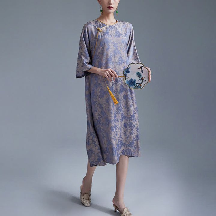Buddha Stones Mały Kwiat Liść Żakard Chiński Cheongsam Qipao Midi Sukienka Z Kieszeniami