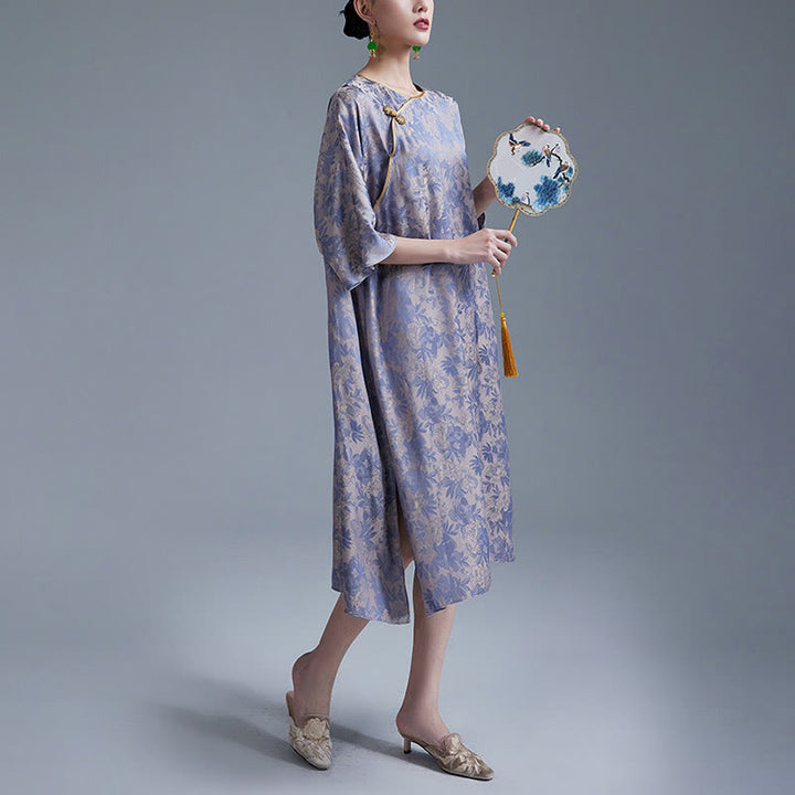 Buddha Stones Mały Kwiat Liść Żakard Chiński Cheongsam Qipao Midi Sukienka Z Kieszeniami