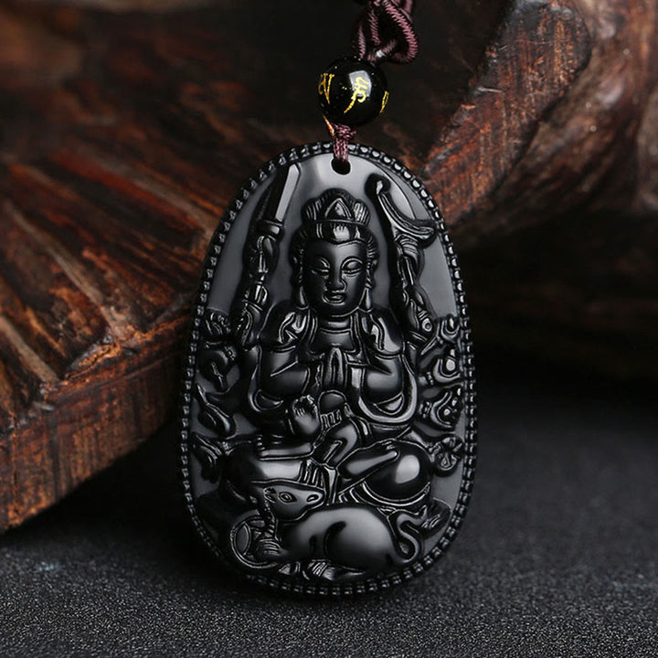 Buddha Stones Chiński Zodiak Natal Budda Naturalny Czarny Obsydian Oczyszczający Naszyjnik Wisiorek