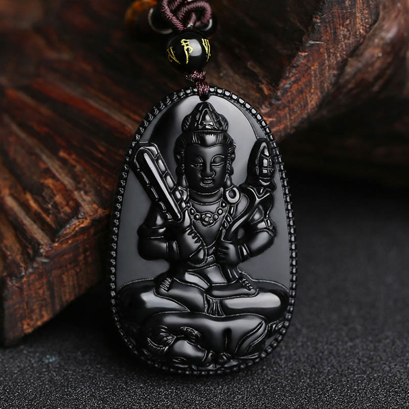 Buddha Stones Chiński Zodiak Natal Budda Naturalny Czarny Obsydian Oczyszczający Naszyjnik Wisiorek