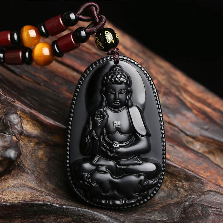 Buddha Stones Chiński Zodiak Natal Budda Naturalny Czarny Obsydian Oczyszczający Naszyjnik Wisiorek