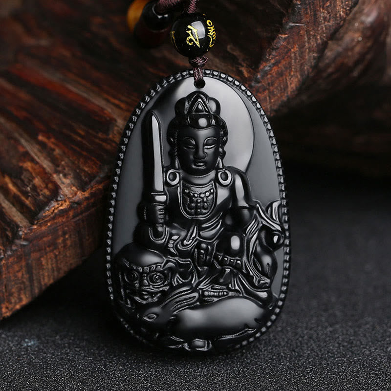 Buddha Stones Chiński Zodiak Natal Budda Naturalny Czarny Obsydian Oczyszczający Naszyjnik Wisiorek
