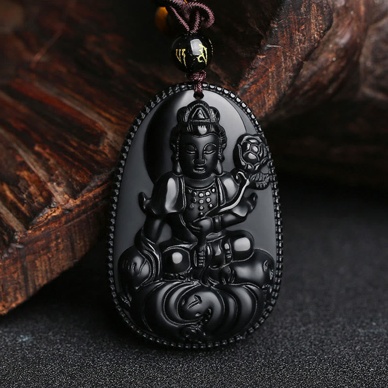 Buddha Stones Chiński Zodiak Natal Budda Naturalny Czarny Obsydian Oczyszczający Naszyjnik Wisiorek