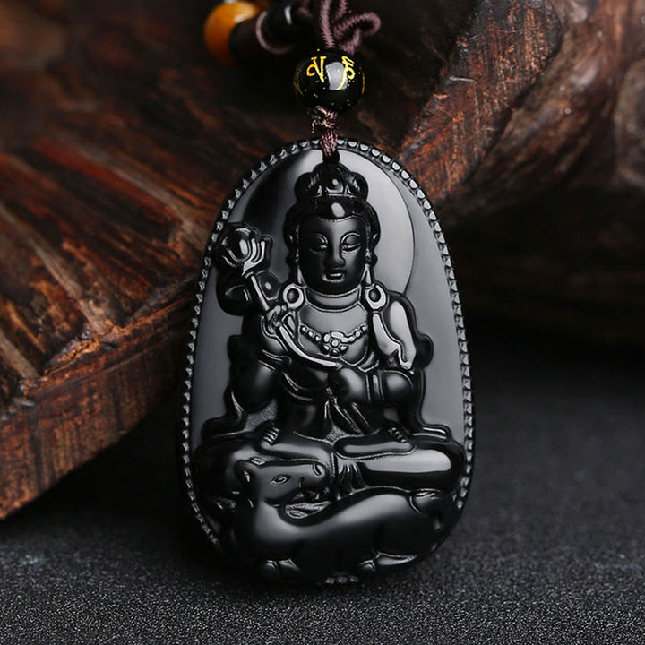 Buddha Stones Chiński Zodiak Natal Budda Naturalny Czarny Obsydian Oczyszczający Naszyjnik Wisiorek