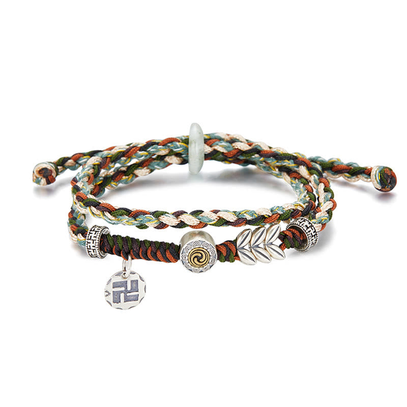 Buddha Stones 925 Srebro Sterling Swastyka Wzór Pszenicy Ręcznie Robiona Bransoletka Szczęścia